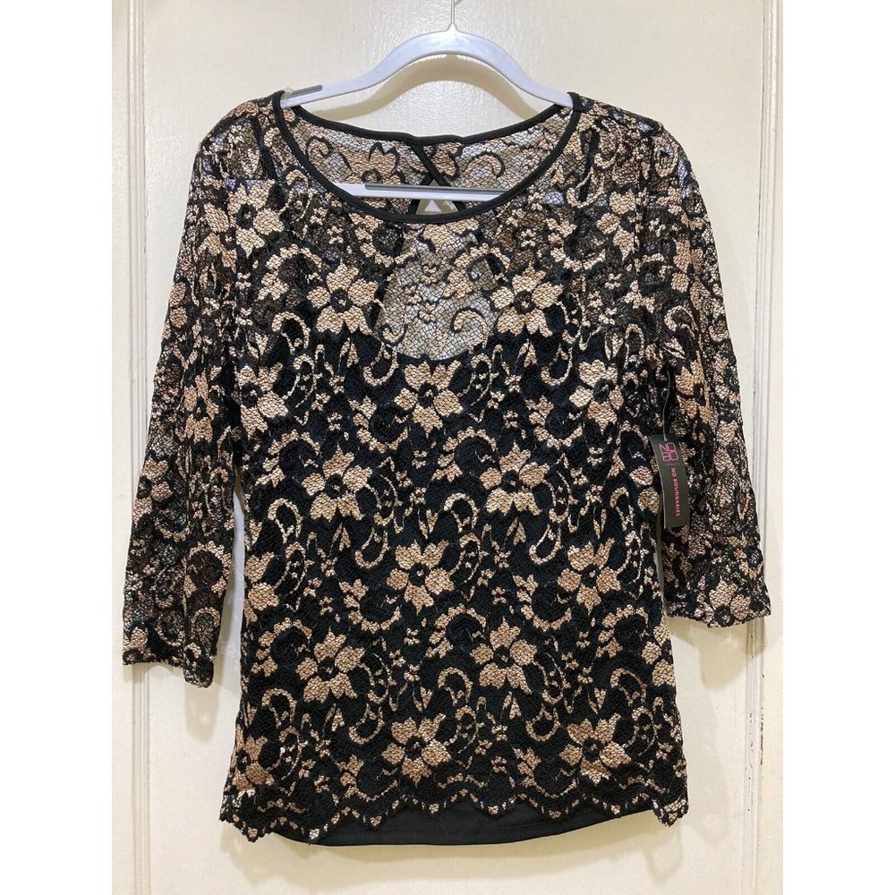 NOBO No Boundaries Womens Top Sz XXL 2X Black Gold Lace Long Sleeve Scallop Hem